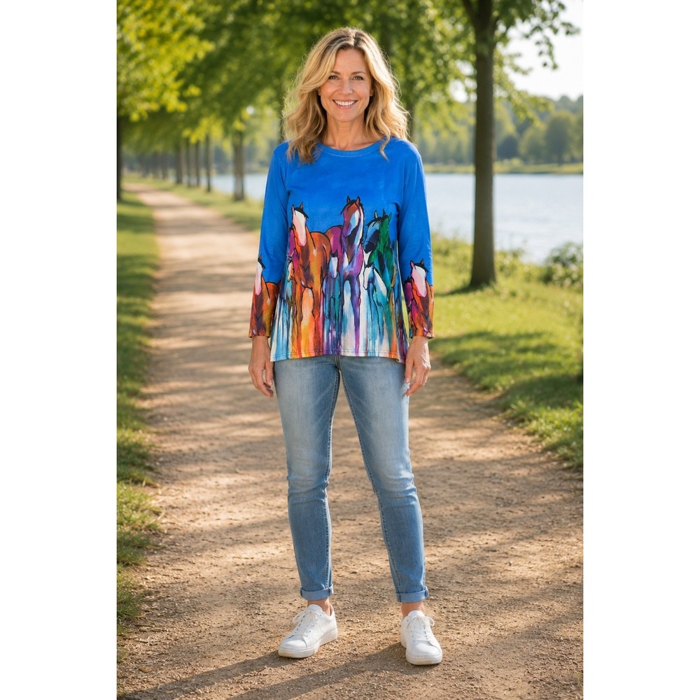 Womens XL Blue Horse Print T‎ Shirt Artistic Equestrian Long Sleeve Stretch Top